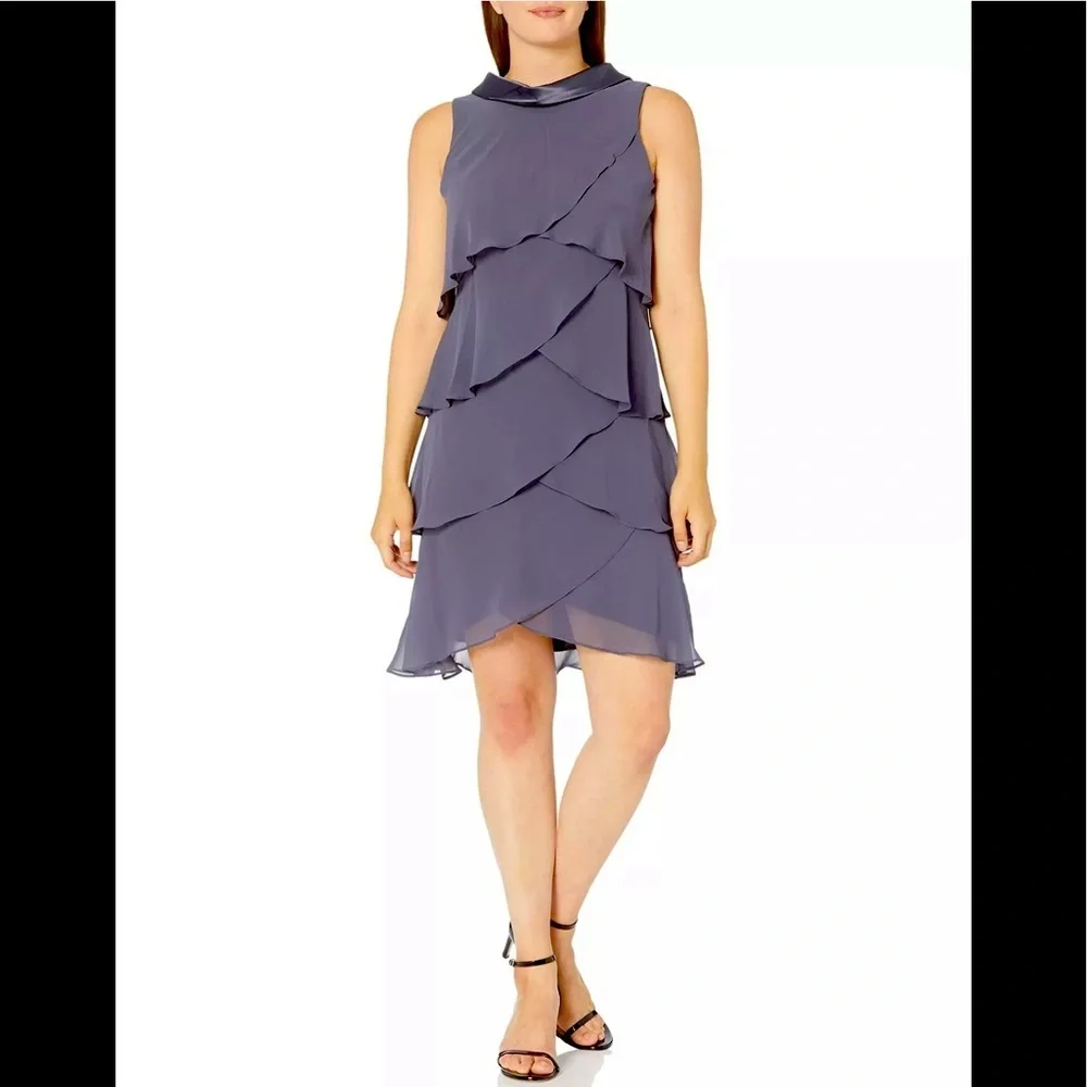 Women’s Formal Dress SLNY Shift Gray Size 18 Jewel Strap Tiered Sleeveless Gown - Picture 2 of 7